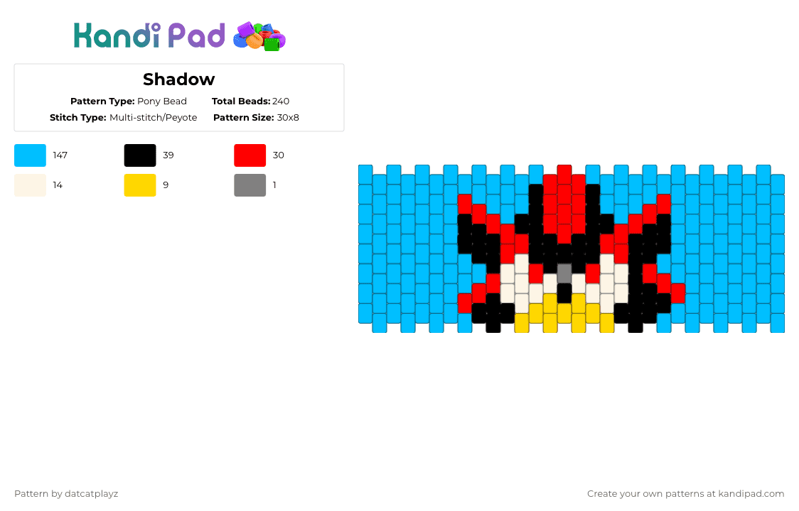 Shadow - Pony Bead Pattern by datcatplayz on Kandi Pad - shadow the hedgehog,sonic,sega,head,cuff,shadow,light blue,gaming,video game