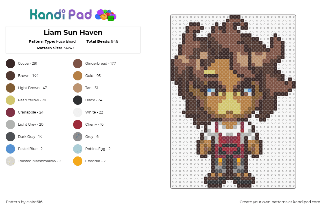 Liam Sun Haven - Fuse Bead Pattern by claire616 on Kandi Pad - sun haven,liam,character,red outfit,white details,hairstyle,unique expression,ov