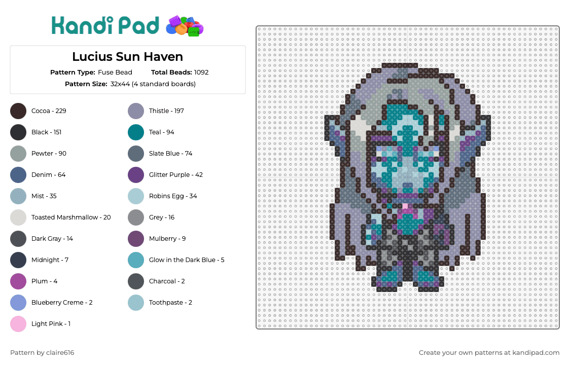 Lucius Sun Haven - Fuse Bead Pattern by claire616 on Kandi Pad - sun haven,lucius,character,gaming,charm,mystique,teal,purple,grey