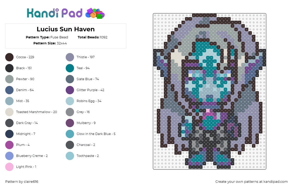 Lucius Sun Haven - Fuse Bead Pattern by claire616 on Kandi Pad - sun haven,lucius,character,gaming,mystique,teal,purple,gray