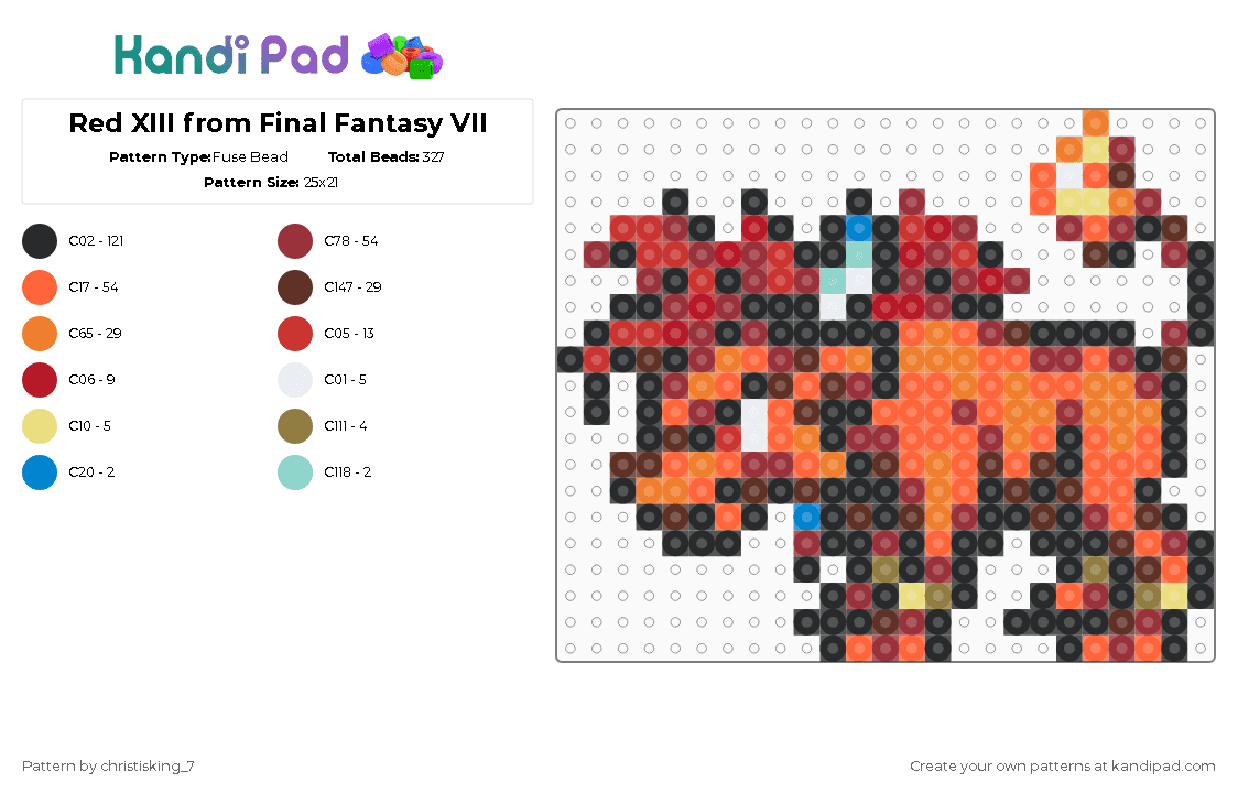 Red XIII from Final Fantasy VII - Fuse Bead Pattern by christisking_7 on Kandi Pad - brown,red,orange