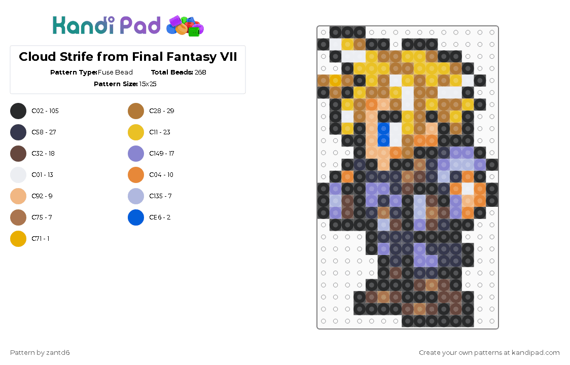 Cloud Strife from Final Fantasy VII - Fuse Bead Pattern by christisking_7 on Kandi Pad - black,yellow,purple,brown,colorful
