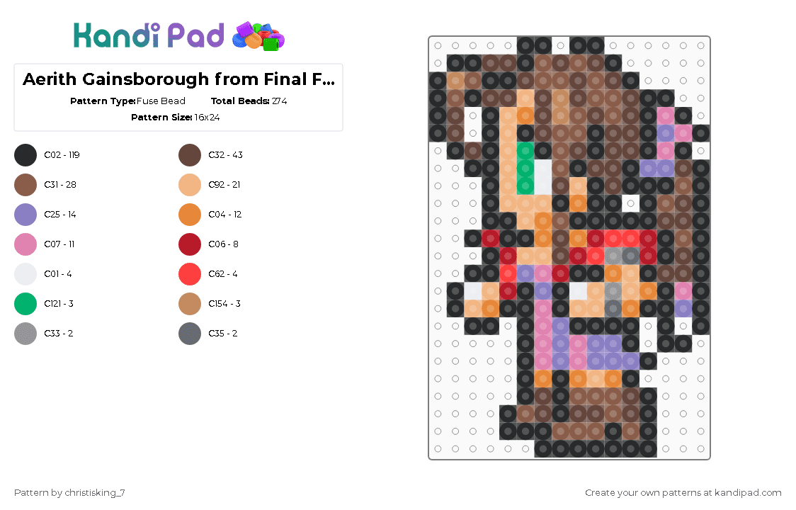 Aerith Gainsborough from Final Fantasy VII - Fuse Bead Pattern by christisking_7 on Kandi Pad - black,brown,tan,pink,colorful
