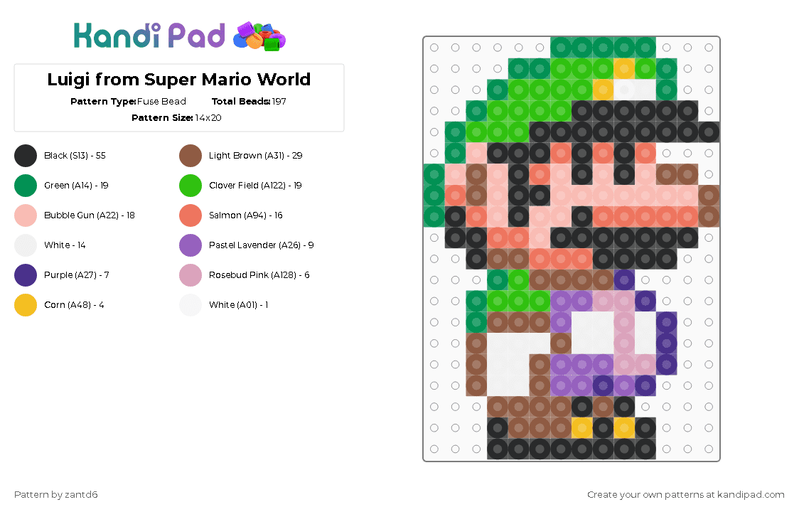 Luigi from Super Mario World - Fuse Bead Pattern by christisking_7 on Kandi Pad - tan,green,beige
