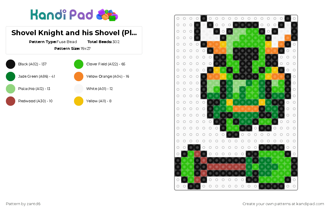 Shovel Knight and his Shovel (Player 2) - Fuse Bead Pattern by christisking_7 on Kandi Pad - green