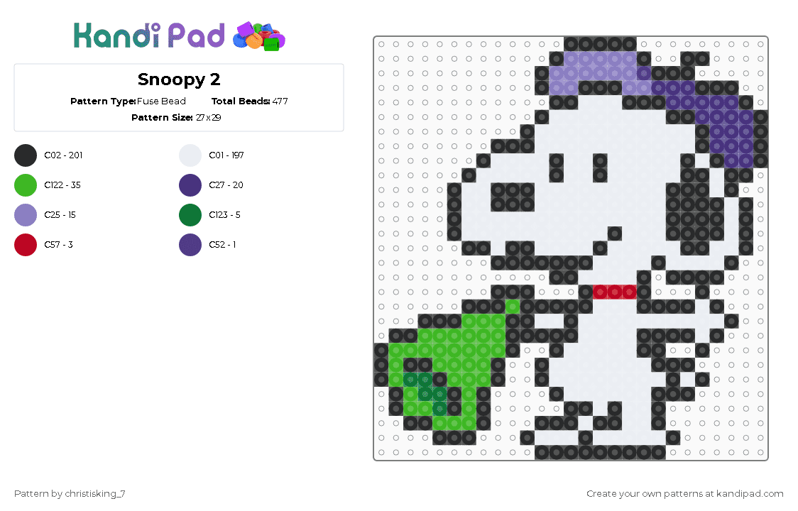 Snoopy 2 - Fuse Bead Pattern by christisking_7 on Kandi Pad - snoopy,director,peanuts,character,dog,megaphone,charlie brown,cartoon,comic strip,animal,white,purple,green