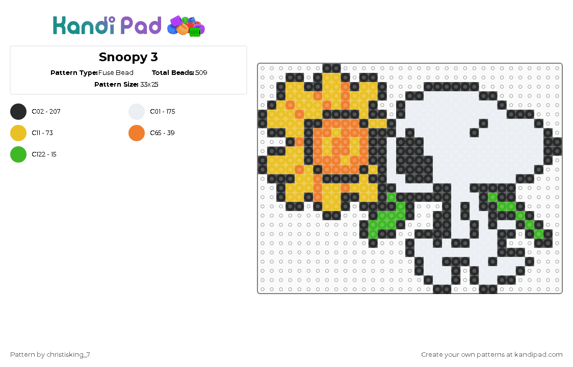 Snoopy 3 - Fuse Bead Pattern by christisking_7 on Kandi Pad - snoopy,sunflower,peanuts,character,cartoon,white,yellow