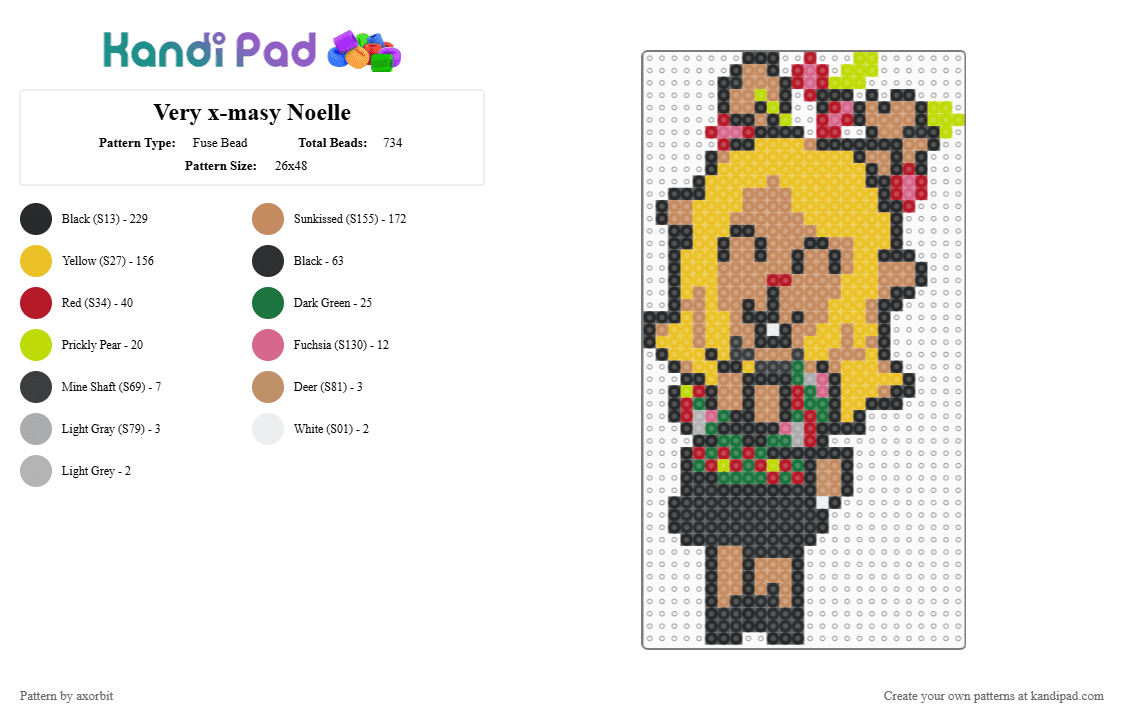 Very x-masy Noelle - Fuse Bead Pattern by axorbit on Kandi Pad - black,tan,yellow,deltarune,christmas,xmas