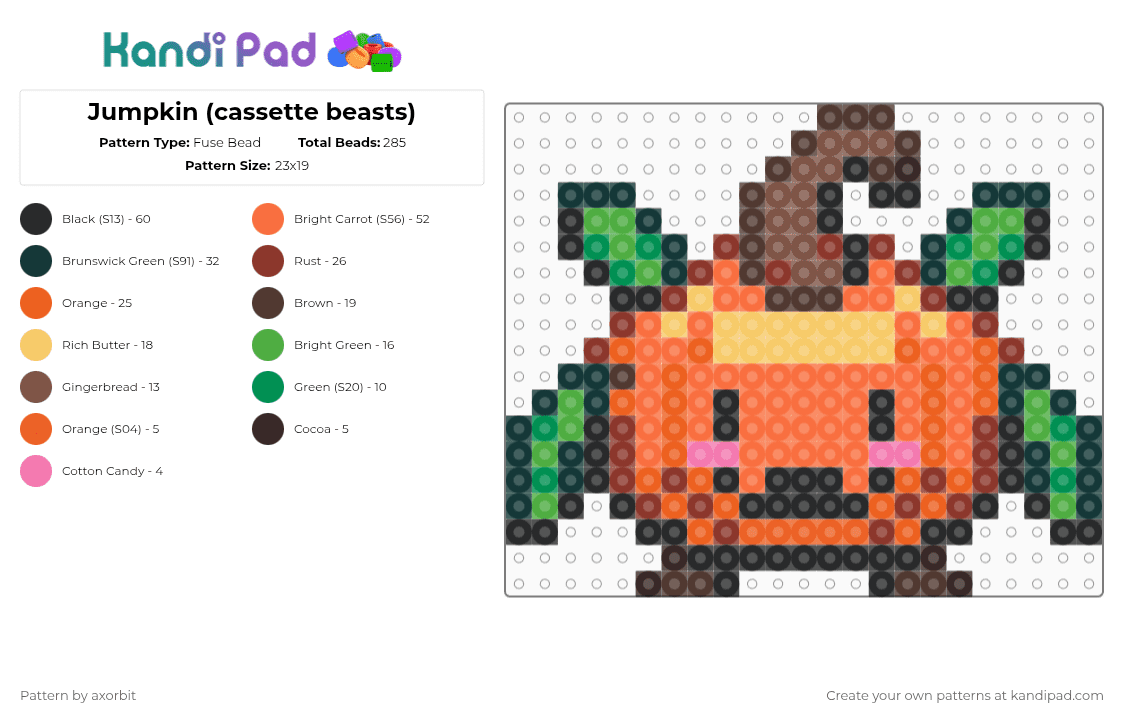 #89 Jumpkin (cassette beasts) - Fuse Bead Pattern by axorbit on Kandi Pad - green,red,orange,pumpkin,video game