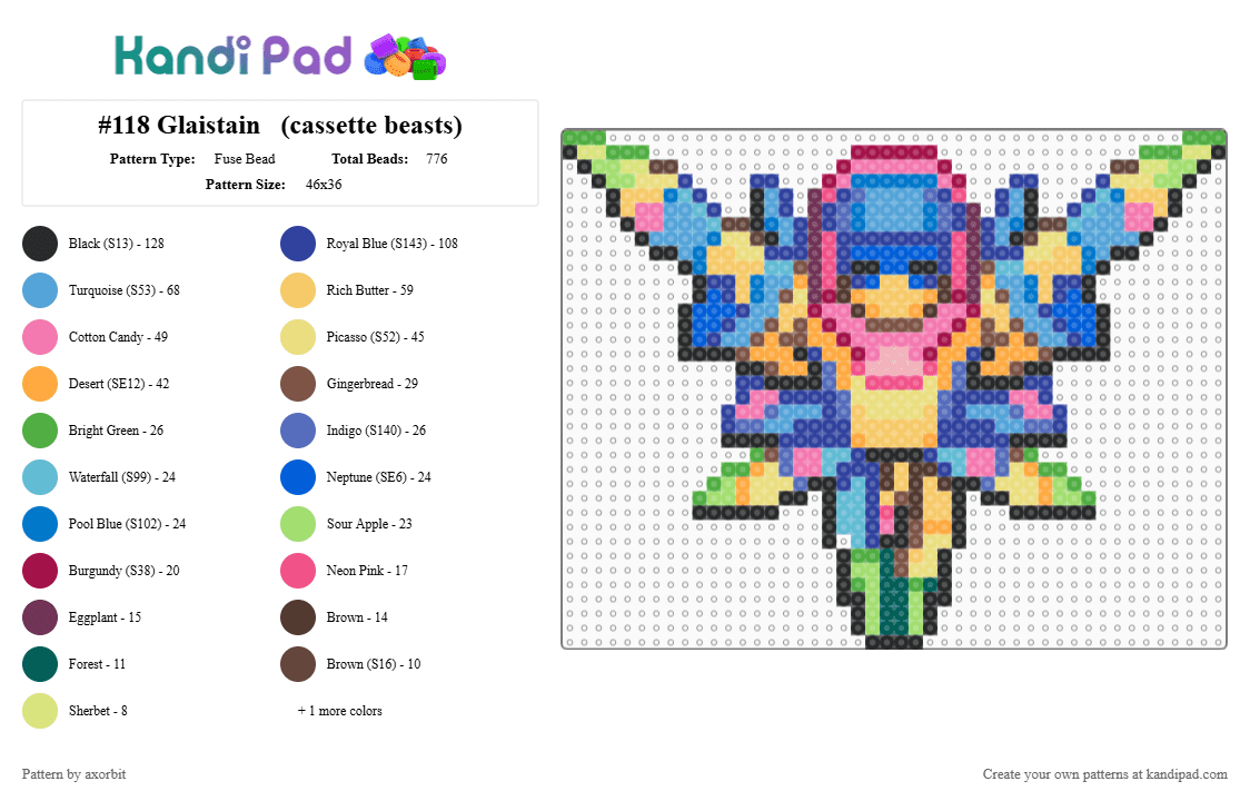 #118 Glaistain   (cassette beasts) - Fuse Bead Pattern by axorbit on Kandi Pad - yellow,pink,light blue,colorful,cassette beasts,monster,beast