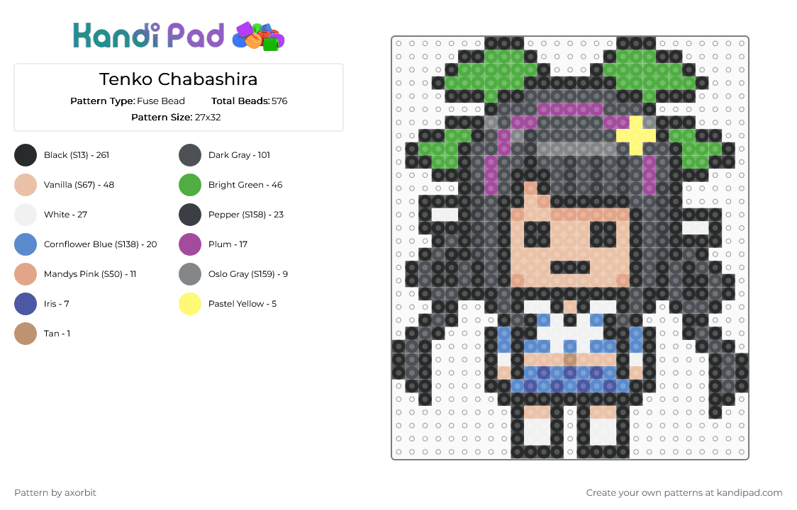 Tenko Chabashira - Fuse Bead Pattern by axorbit on Kandi Pad - black,gray,beige,green