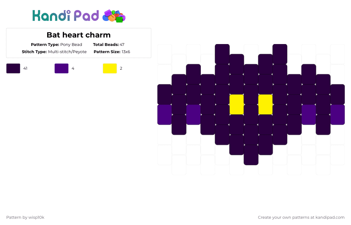 Bat heart charm - Pony Bead Pattern by wisp10k on Kandi Pad - black,purple,yellow,charm,heart,cute,bat,goth,emo,scene,kandi