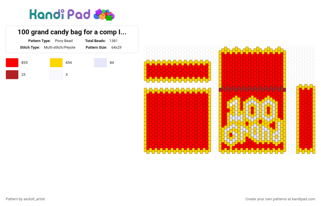 100 grand candy bag for a comp I\'m doing - Pony Bead Pattern by axolotl_artist on Kandi Pad - yellow,red