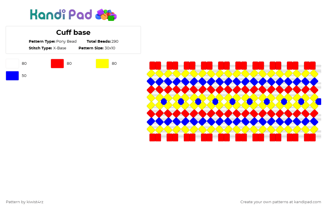 Cuff base - Pony Bead Pattern by kiwist4rz on Kandi Pad - red,yellow