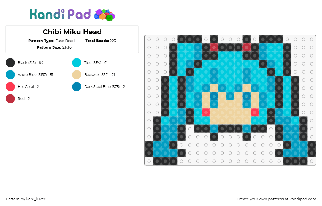 Chibi Miku Head - Fuse Bead Pattern by kan1_l0ver on Kandi Pad - hatsune miku,vocaloid,chibi,music,digital,anime,light blue