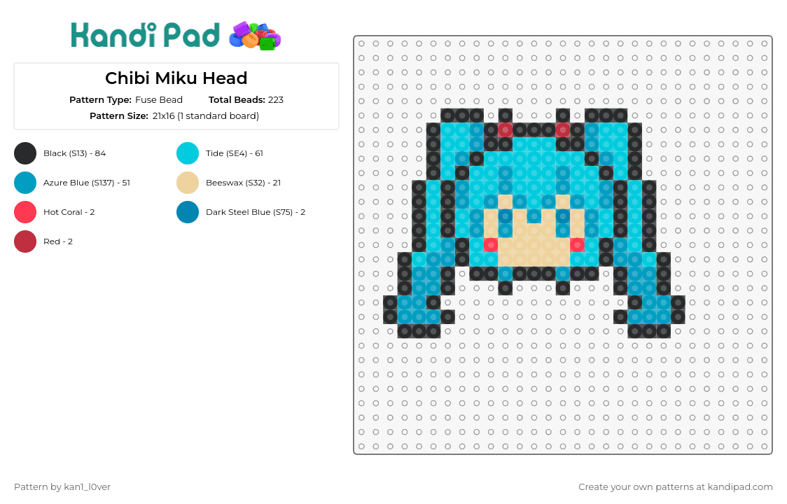 Chibi Miku Head - Fuse Bead Pattern by kan1_l0ver on Kandi Pad - hatsune miku,vocaloid,chibi,music,digital,anime,light blue