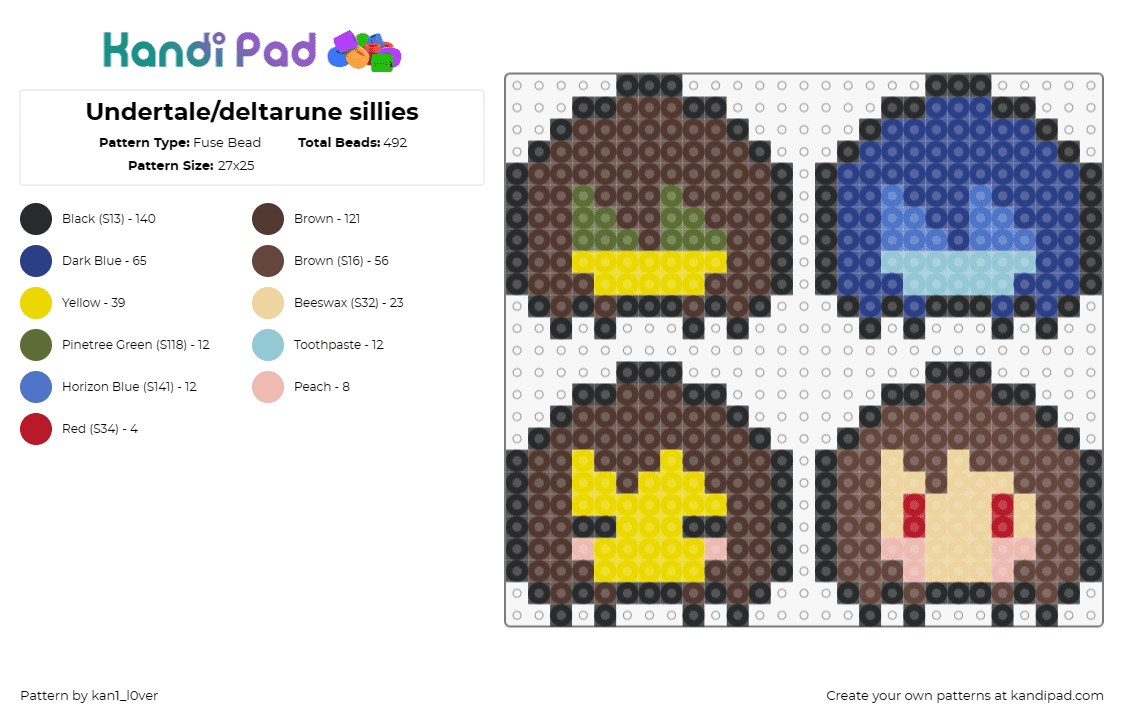 Undertale/deltarune sillies - Fuse Bead Pattern by kan1_l0ver on Kandi Pad - deltarune,undertale,characters,video game,chibi,brown,yellow,blue