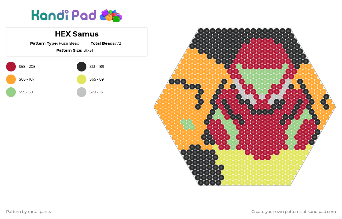 HEX Samus - Fuse Bead Pattern by mrtallpants on Kandi Pad - red,orange,samus,aron,metroid,nintendo,hex,hexagon,video game,video games
