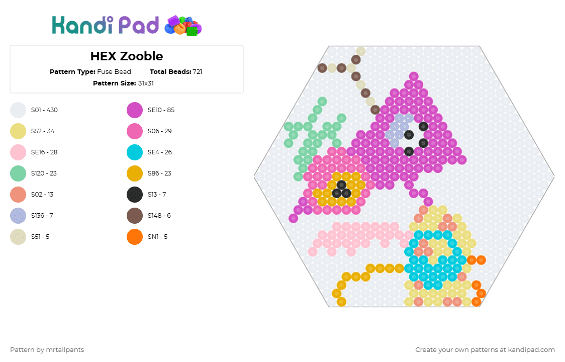 HEX Zooble - Fuse Bead Pattern by mrtallpants on Kandi Pad - white,pink,orange,hex,hexagon,zooble,pomni,digital circus,amazing,character,portrait
