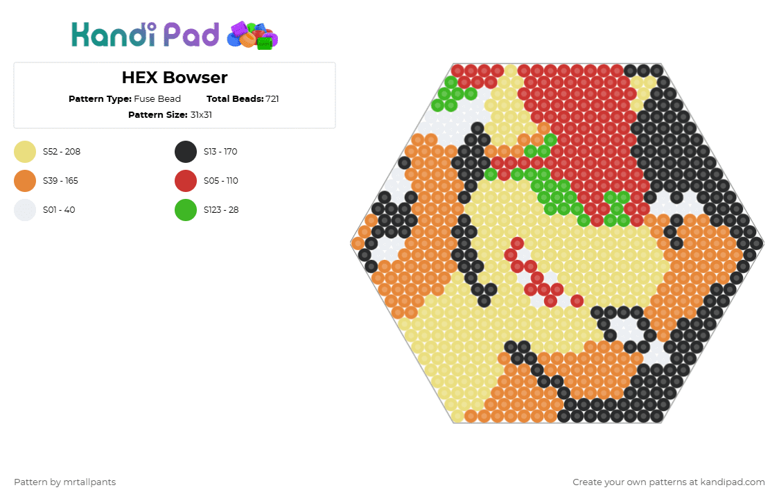 HEX Bowser - Fuse Bead Pattern by mrtallpants on Kandi Pad - orange,yellow,bowser,portrait,hex,hexagon,video game,video games,mario