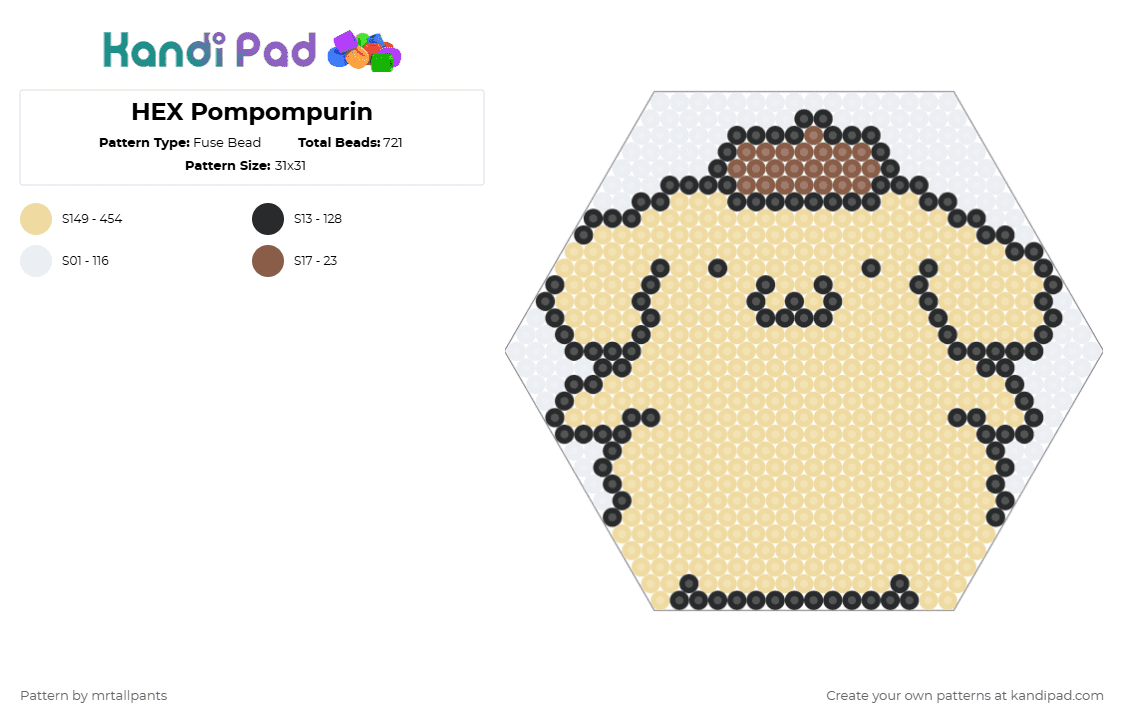 HEX Pompompurin - Fuse Bead Pattern by mrtallpants on Kandi Pad - beige,pompompurin,hello kitty,sanrio,cute,animal,dog