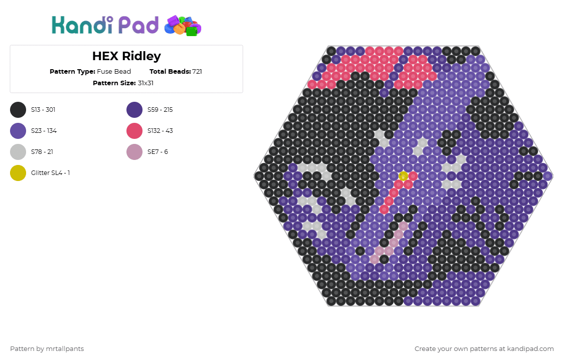 HEX Ridley - Fuse Bead Pattern by mrtallpants on Kandi Pad - purple,ridley,dragon,metroid,hex,hexagon,portrait,video game,video games