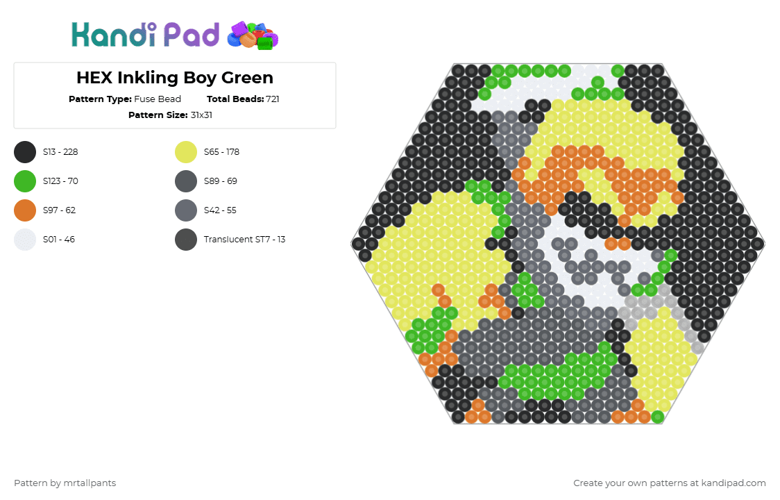 HEX Inkling Boy Green - Fuse Bead Pattern by mrtallpants on Kandi Pad - yellow,gray,green,inkling,boy,splatoon,smash bros,hex,hexagon,portrait