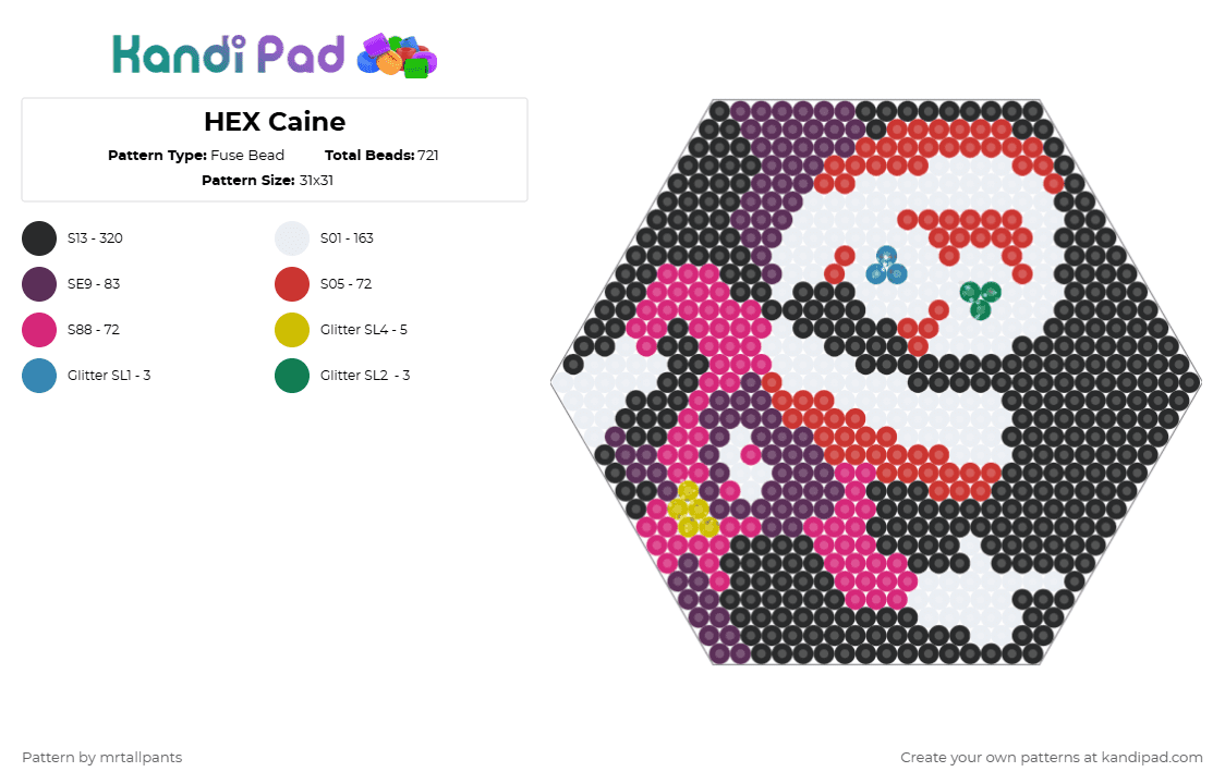 HEX Caine - Fuse Bead Pattern by mrtallpants on Kandi Pad - black,red,pink,caine,pomni,digital circus,amazing,hex,hexagon,hat,suit