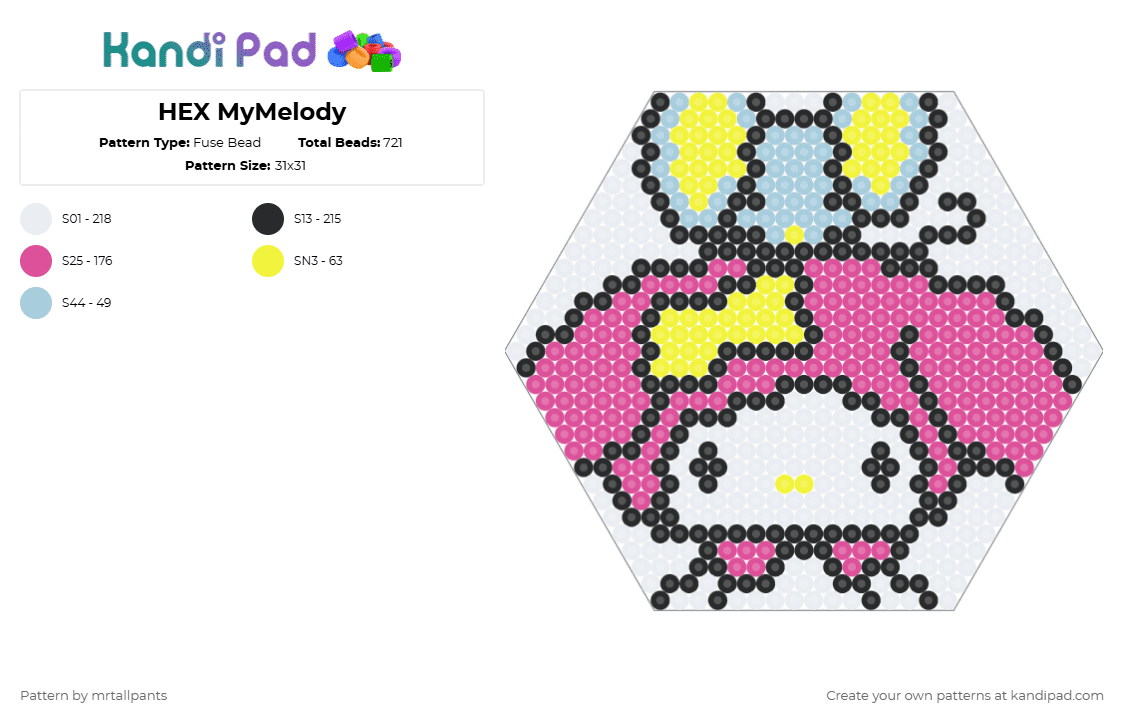 HEX MyMelody - Fuse Bead Pattern by mrtallpants on Kandi Pad - pink,mymelody,mousie,mouse,sanrio,hello kitty,cute,light blue
