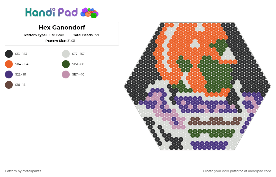 HEX Ganondorf - Fuse Bead Pattern by mrtallpants on Kandi Pad - gold,orange,purple