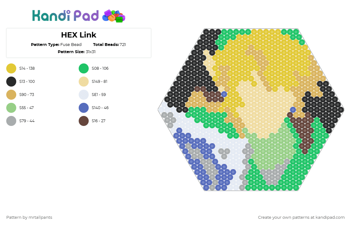 HEX Link - Fuse Bead Pattern by mrtallpants on Kandi Pad - green,orange,yellow,beige,link,portrait,face,video game,video games,zelda,hex,hexagon