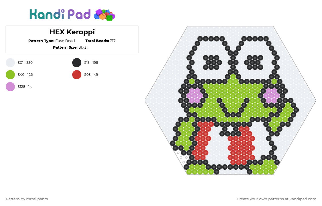 HEX Keroppi - Fuse Bead Pattern by mrtallpants on Kandi Pad - white,green,hex,hexagon,keroppi,sanrio,hello kitty,cute,frog,animal