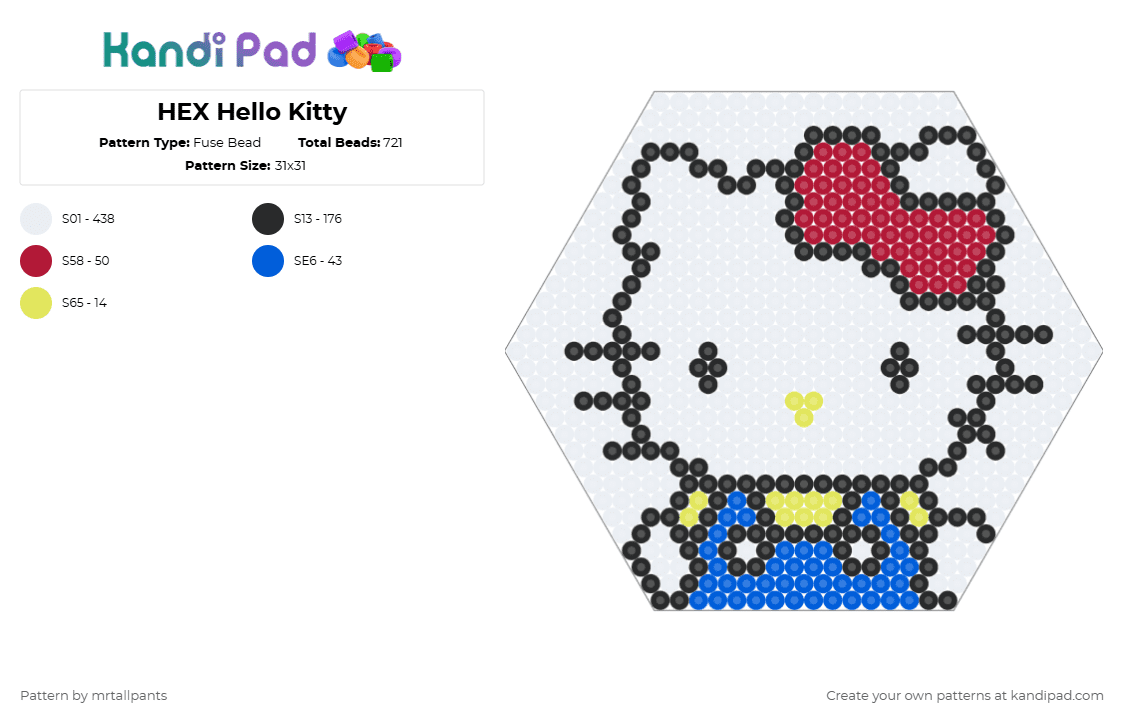 HEX Hello Kitty - Fuse Bead Pattern by mrtallpants on Kandi Pad - white,red,blue,hello,kitty,cat,sanrio,hex,hexagon,cute,animal
