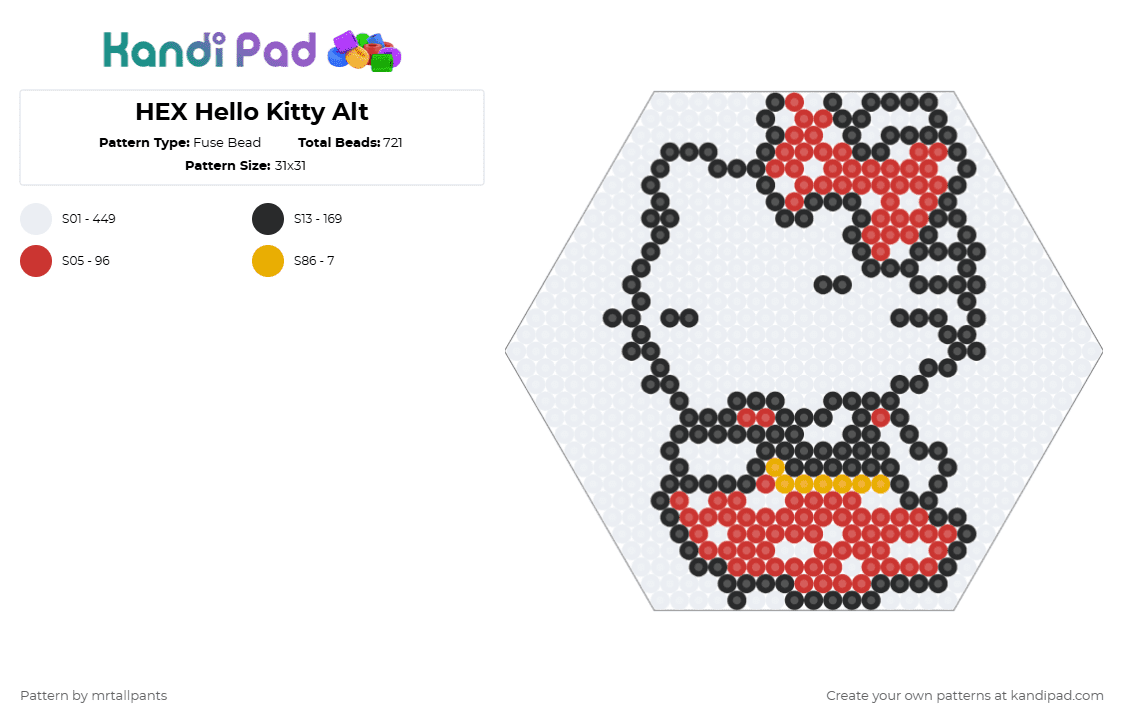 HEX Hello Kitty Alt - Fuse Bead Pattern by mrtallpants on Kandi Pad - white,red,sanrio,hello,kitty,hex,hexagon,cat,cute,animal