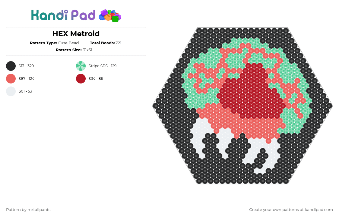 HEX Metroid - Fuse Bead Pattern by mrtallpants on Kandi Pad - red,teal,metroid,monster,minion,enemy,video game,video games,hex,hexagon