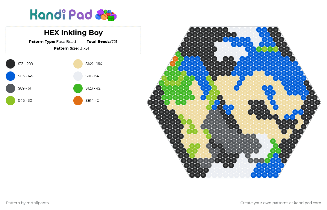 HEX Inkling Boy - Fuse Bead Pattern by mrtallpants on Kandi Pad - blue,beige,inkling,boy,video game,video games,splatoon,ink,hex,hexagon
