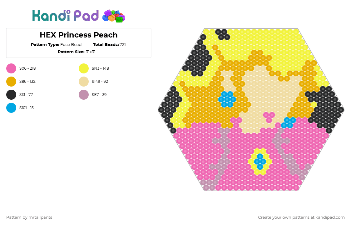 HEX Princess Peach - Fuse Bead Pattern by mrtallpants on Kandi Pad - pink,yellow,orange,princess,peach,mario,hex,hexagon,video game,video games,portrait