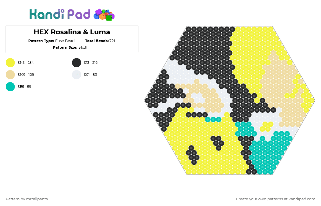 HEX Rosalina & Luma - Fuse Bead Pattern by mrtallpants on Kandi Pad - yellow,princess,luma,rosalina,mario,galaxy,hex,hexagon,video games