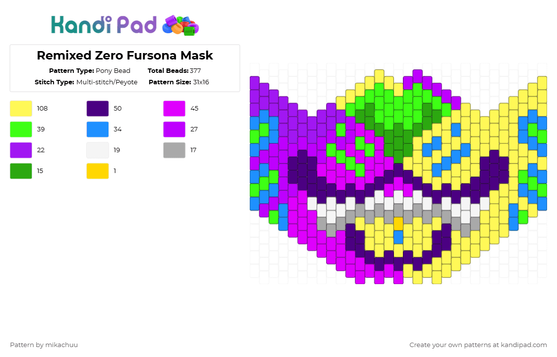 Remixed Zero Fursona Mask - Pony Bead Pattern by mikachuu on Kandi Pad - purple,yellow