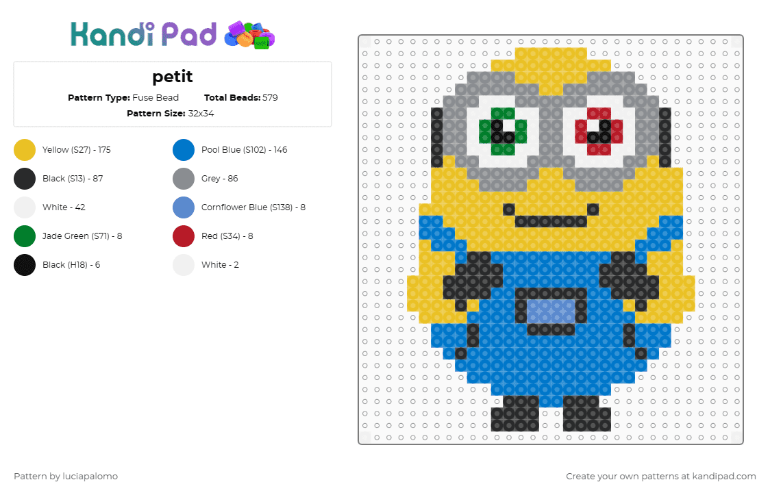 petit - Fuse Bead Pattern by luciapalomo on Kandi Pad - minion,blue,yellow,gray
