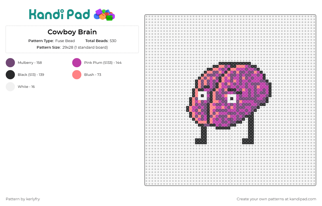 Cowboy Brain - Fuse Bead Pattern by kerlyfry on Kandi Pad - brain,whimsical,human mind,purple and pink,artful,depiction