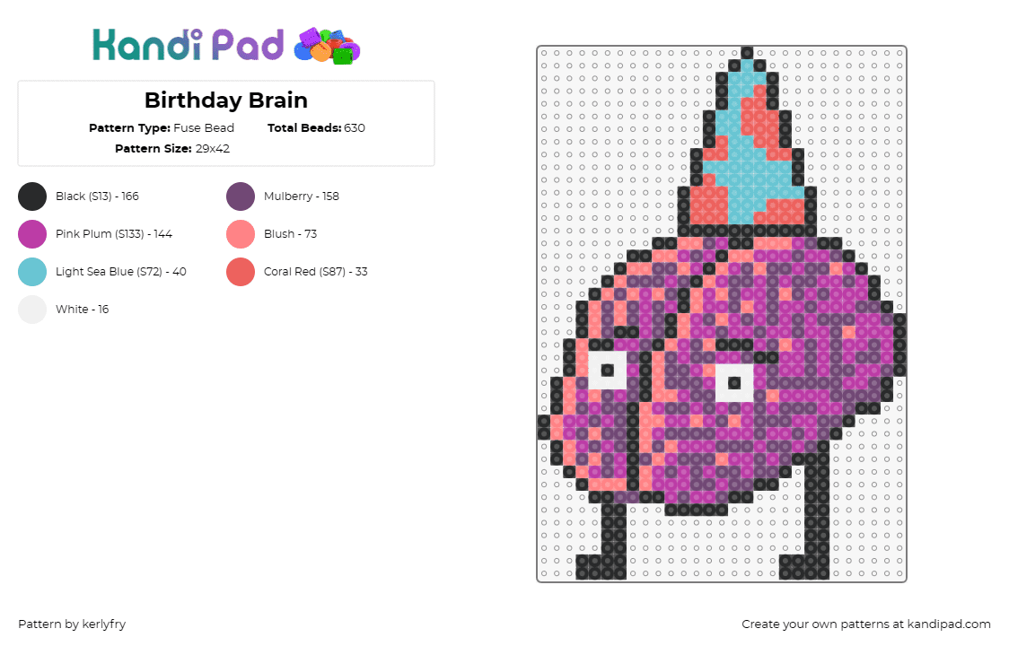 Birthday Brain - Fuse Bead Pattern by kerlyfry on Kandi Pad - brain,birthday,hat,celebration,party,pink,teal,black