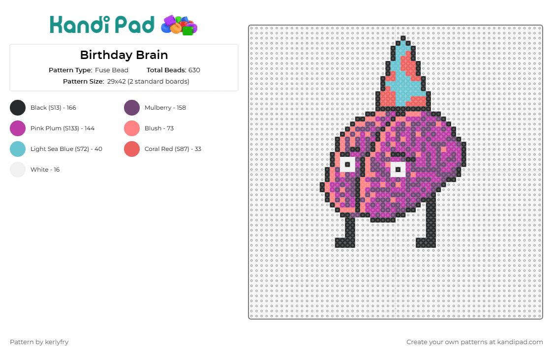 Birthday Brain - Fuse Bead Pattern by kerlyfry on Kandi Pad - brain,birthday hat,celebration,whimsy,party,pink,teal,black