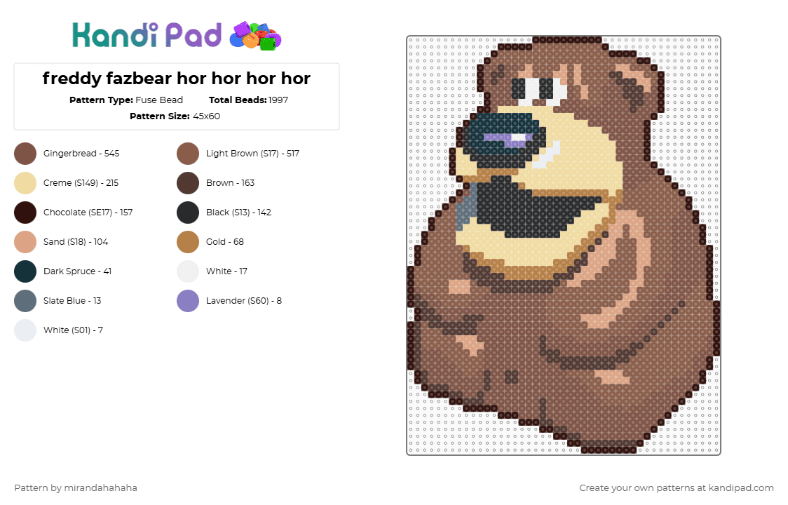 freddy fazbear hor hor hor hor - Fuse Bead Pattern by mirandahahaha on Kandi Pad - tan