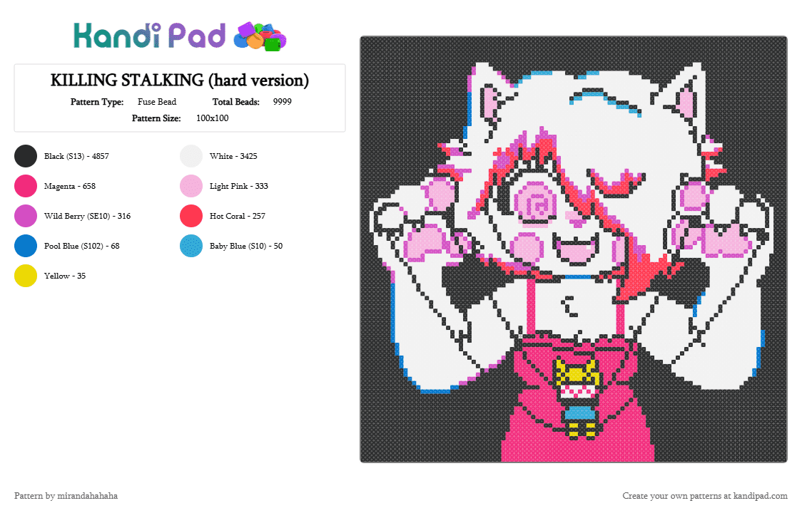 KILLING STALKING (hard version) - Fuse Bead Pattern by mirandahahaha on Kandi Pad - black,white,pink
