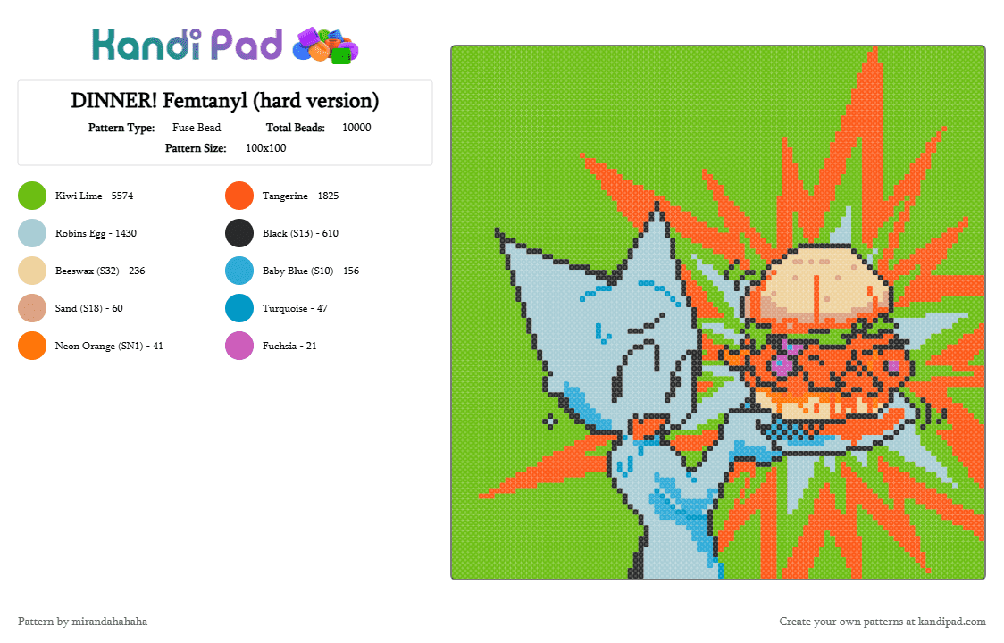 DINNER! Femtanyl (hard version) - Fuse Bead Pattern by mirandahahaha on Kandi Pad - green,orange