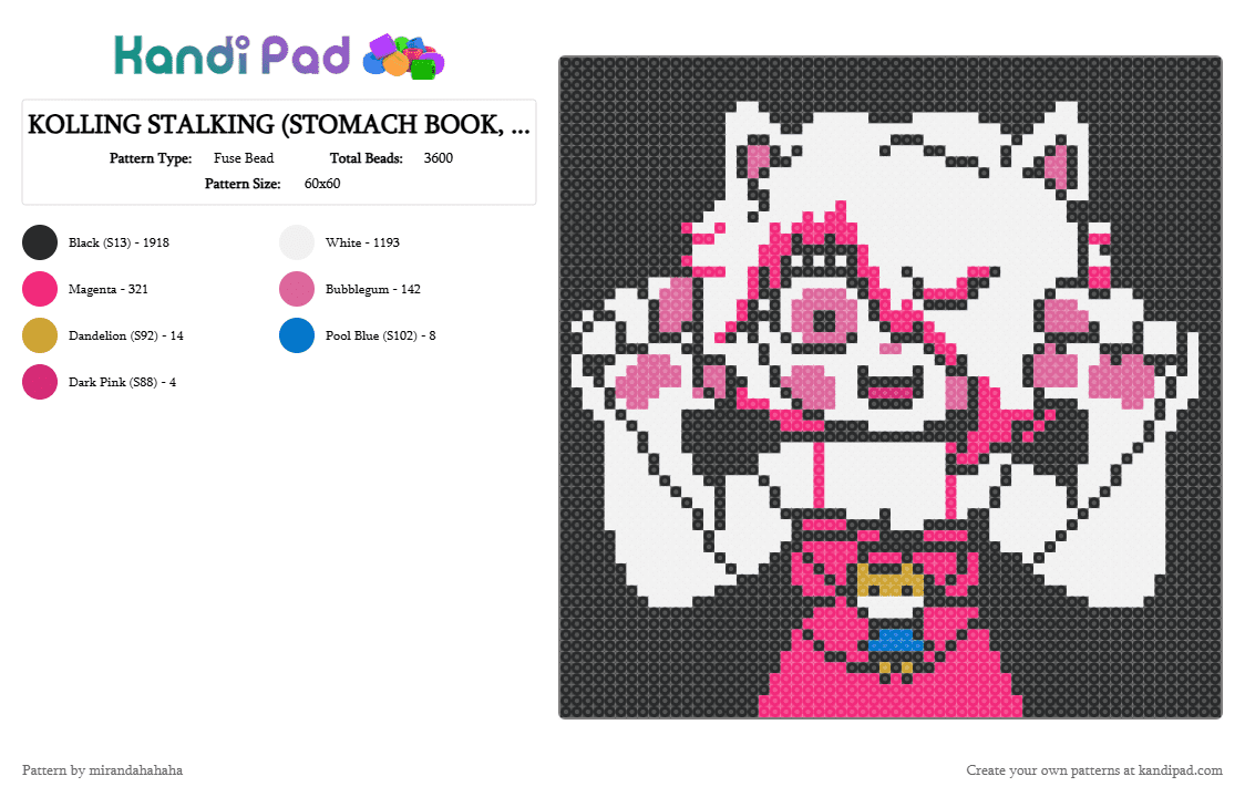 KILLING STALKING (STOMACH BOOK, astrid, sleepwalker) - Fuse Bead Pattern by mirandahahaha on Kandi Pad - black,white,pink