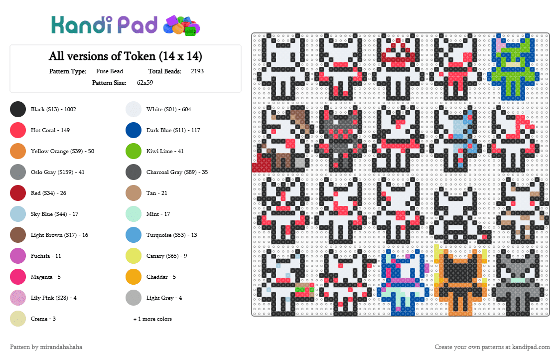 All versions of Token (14 x 14) - Fuse Bead Pattern by mirandahahaha on Kandi Pad - black,white,red,blue,orange,colorful