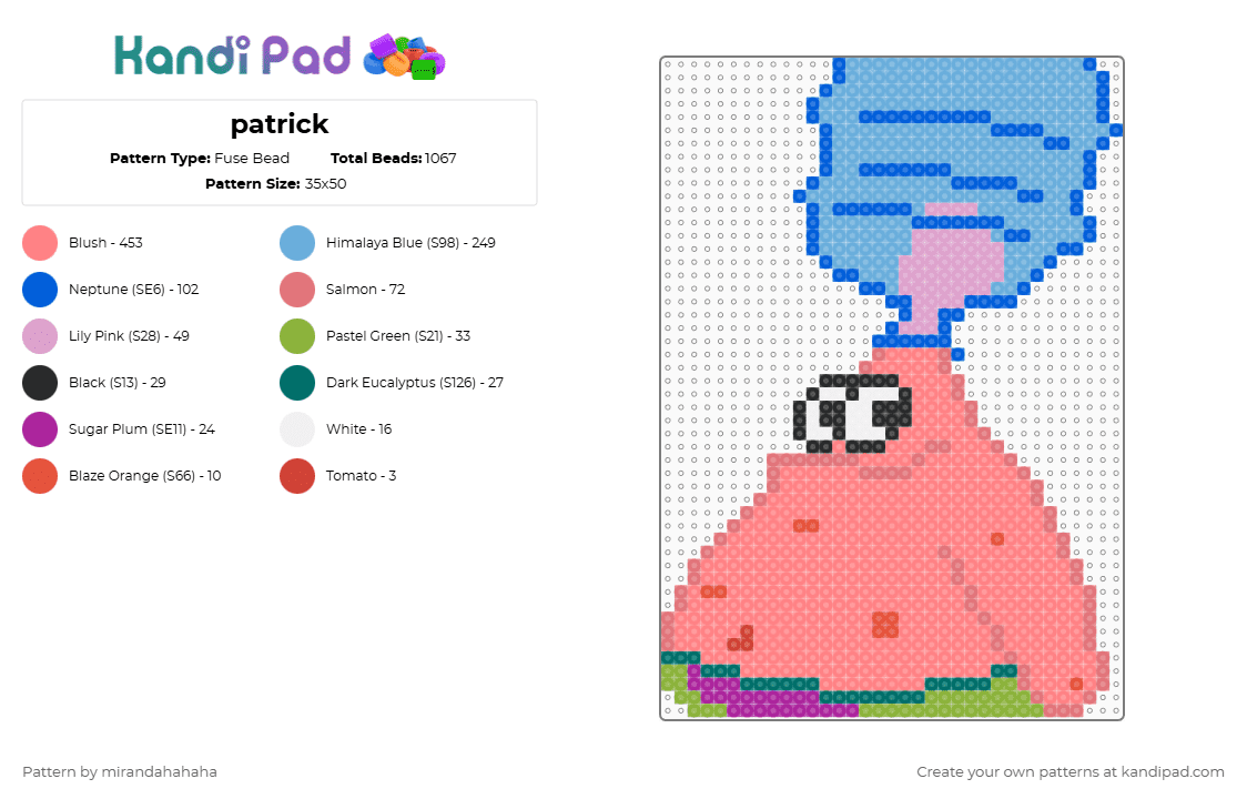 patrick - Fuse Bead Pattern by mirandahahaha on Kandi Pad - red,light blue