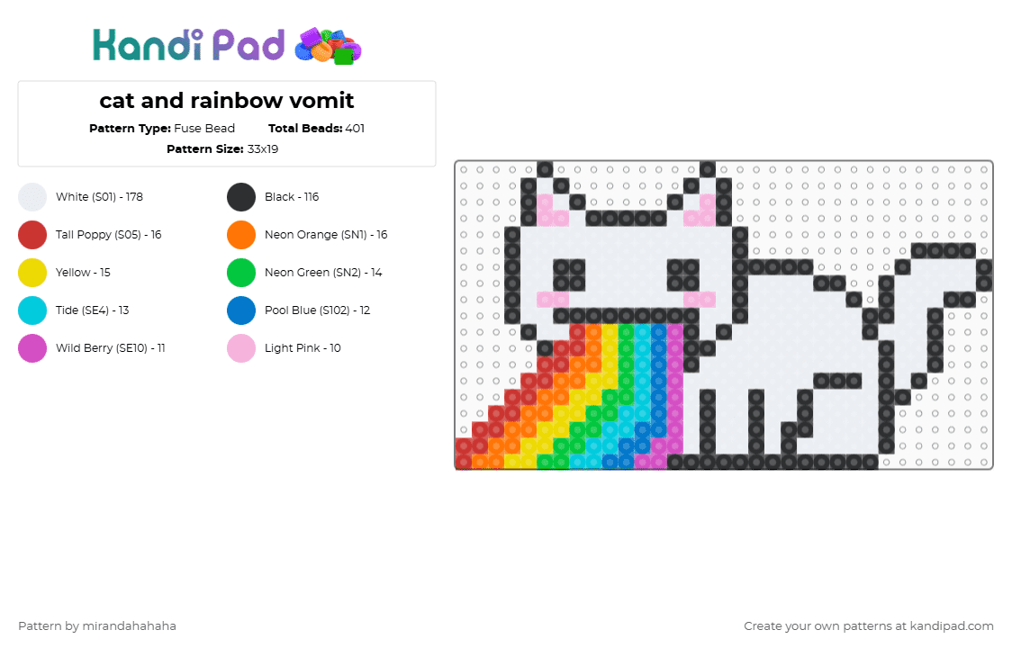 cat and rainbow vomit - Fuse Bead Pattern by mirandahahaha on Kandi Pad - white,orange,green,colorful